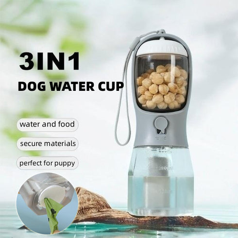 Dog Water Cup & Food Dispenser w/ Garbage Bag (3-in-1 Portable)