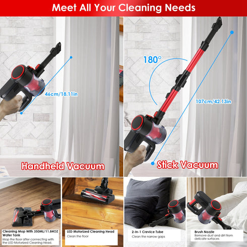 Cordless Vacuum Cleaner Lightweight Handheld Vacuum Upright Stick Floor Vacuum Battery Powered Mop With Lighting 2 Speeds 12000PA Suction 4 Tools Mount Bracket 180 Degree Foldable