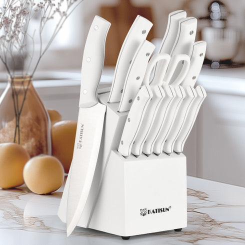 15 Pcs White Carbon Steel Kitchen Knife Set w/ Wooden Block, Sharpener & Scissors