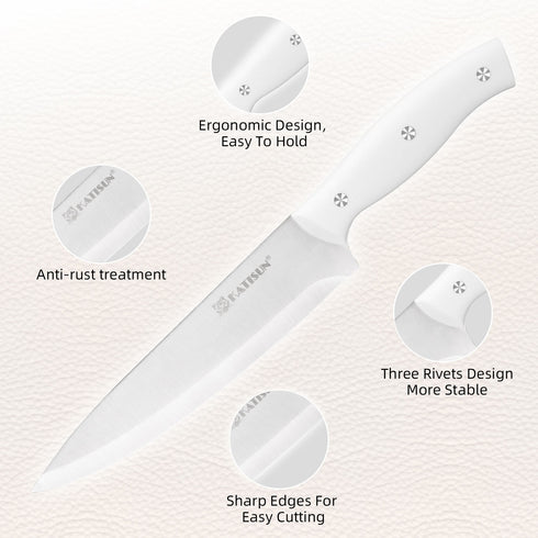 15 Pcs White Carbon Steel Kitchen Knife Set w/ Wooden Block, Sharpener & Scissors