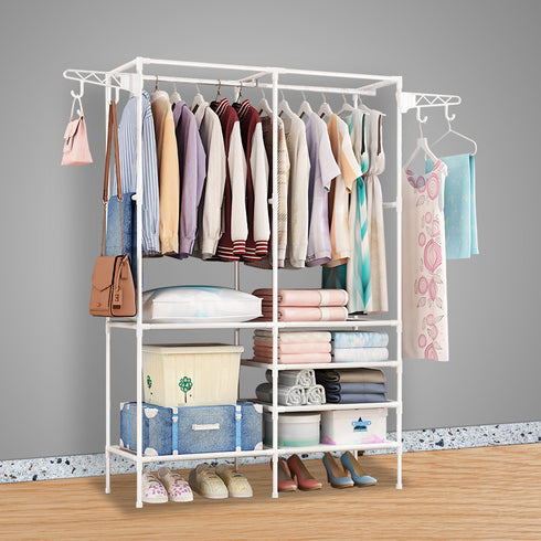 Metal Garment Rack Shoe & Clothes Organizer w/ Dual Rods & 4 Shelves