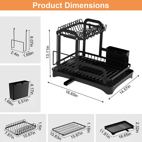2-Tier Dish Drying Rack w/ Drainboard & Utensil Holder