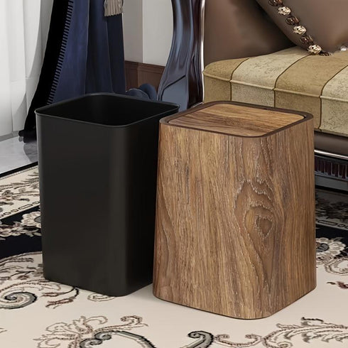 Retro Wood Grain Trash Can w/ Odor-proof Seal & Rectangular Flap