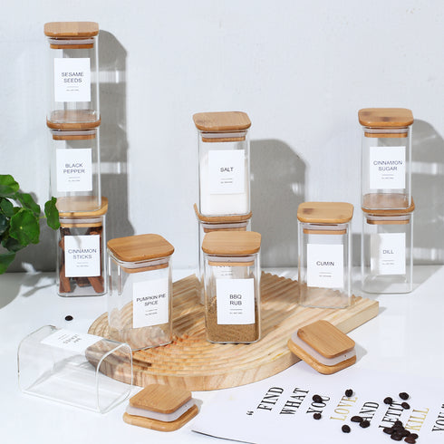 12 Pcs Square Spice Jars Set w/ 72 Stickers/Labels