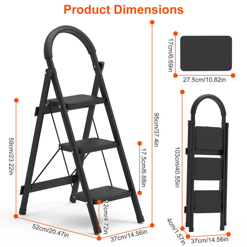 3 Step Foldable Ladder w/ Wide Anti-Slip Pedal
