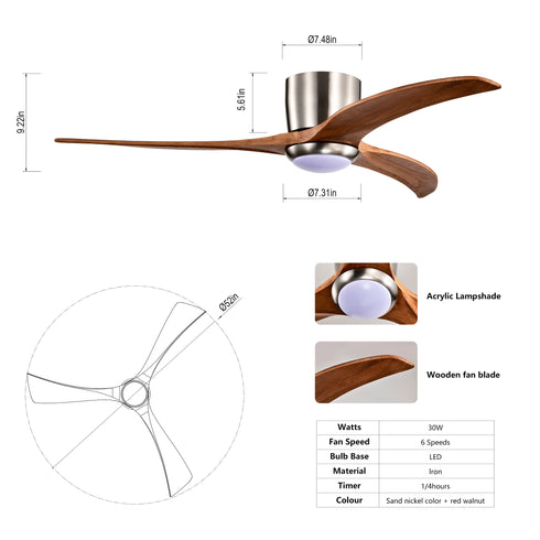 Ceiling Fan w/ Light & Solid Wood Blades