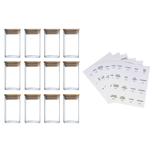 12 Pcs Square Spice Jars Set w/ 72 Stickers/Labels
