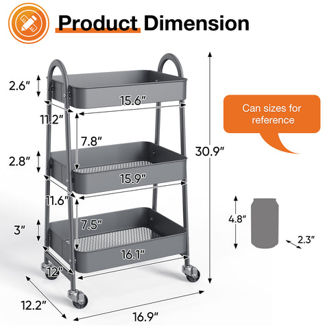 3-Tier Small Rolling Storage Cart w/ Locking Wheels & Metal Construction