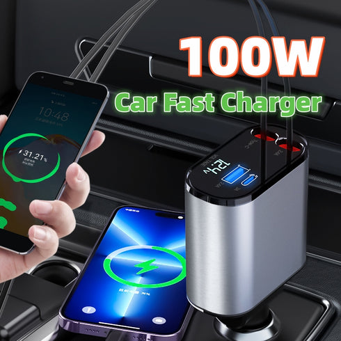 Car Charger 100W Super Fast USB & Type-C Adapter w/ Retractable Cable