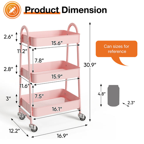 3-Tier Small Rolling Storage Cart w/ Locking Wheels & Metal Construction