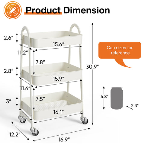 3-Tier Small Rolling Storage Cart w/ Locking Wheels & Metal Construction