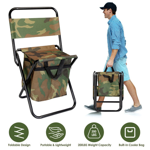 Foldable Fishing Chair w/ Backrest & Built-In Cooler Bag
