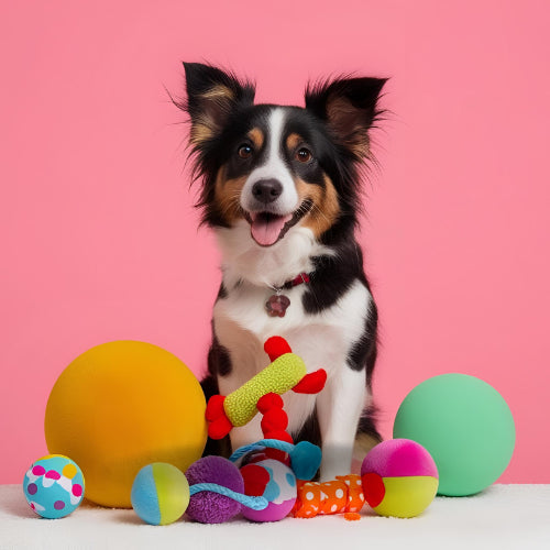 Happy Border Collie dog sitting against pink background with collection of colorful pet toys. The tri-colored dog has perked ears and tongue out, surrounded by balls and chew toys in various bright colors.