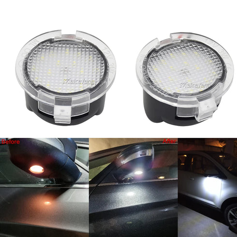 2Pcs Canbus LED side mirror puddle lights for Ford F150, Mustang, Explorer, and Mondeo MK5, emitting 6000K white light.
