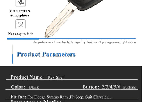Jingyuqin Car Key Shell Case for Chrysler, Dodge, RAM, Jeep - 2/3/4/5/6 Buttons