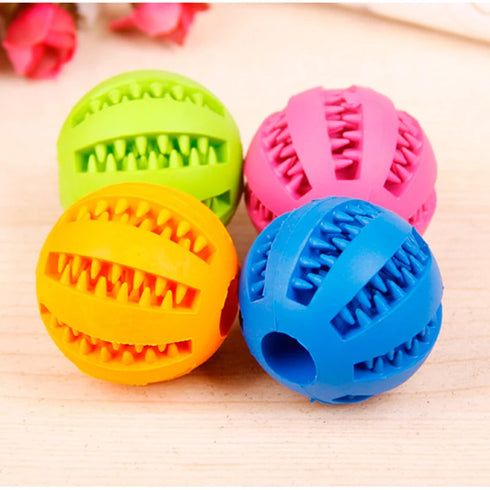 Interactive pet toy ball made of non-toxic rubber, designed to hold treats and promote oral hygiene through chewing.