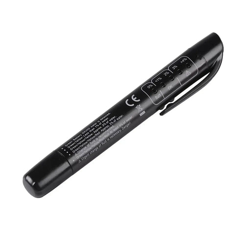 Brake fluid tester pen featuring 5 LED lights to indicate moisture content in brake fluid.