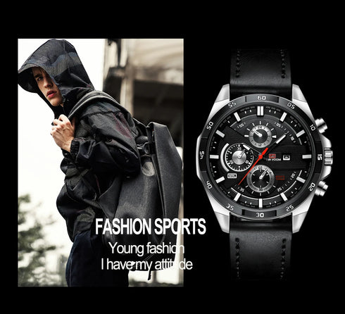 Men's Sports Style Quartz Watch – 46mm Leather Racing Design