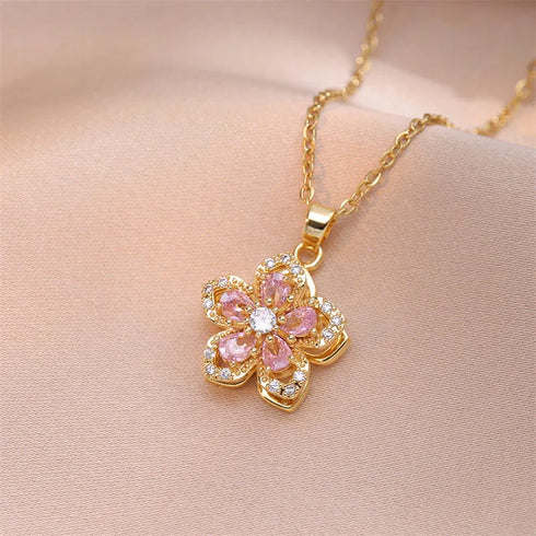 Romantic Zircon Flower Pendant Necklace – Gold Plated & Rotatable