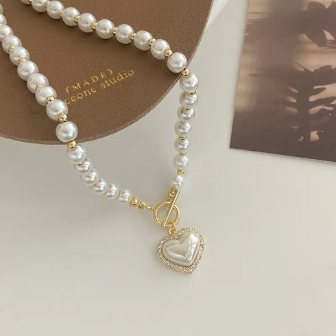 Elegant Pearl Heart Pendant Necklace – Luxury Korean Jewelry