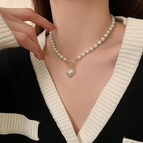 Elegant Pearl Heart Pendant Necklace – Luxury Korean Jewelry