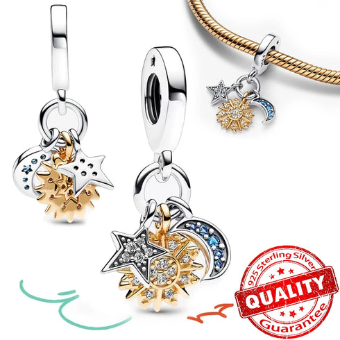 Authentic 925 Sterling Silver Star, Moon & Sun Charm