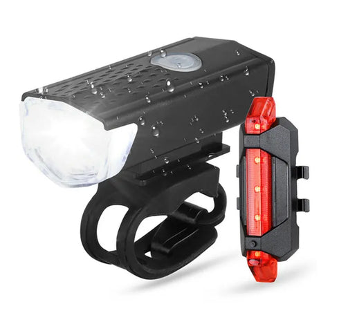 Complete USB rechargeable bike light set featuring front and rear lights with multiple lighting modes.