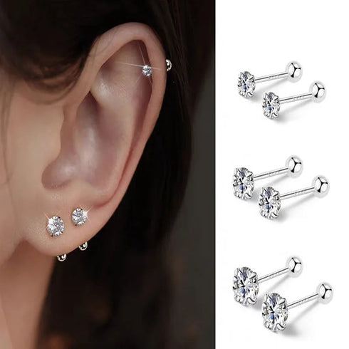 3Pairs Classic Round Zirconia Stud Earrings For Women