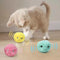 Interactive plush cat toy ball with touch-activated squeak feature, available in blue, pink, and yellow colors.