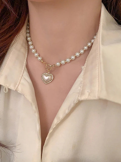 Elegant Pearl Heart Pendant Necklace – Luxury Korean Jewelry