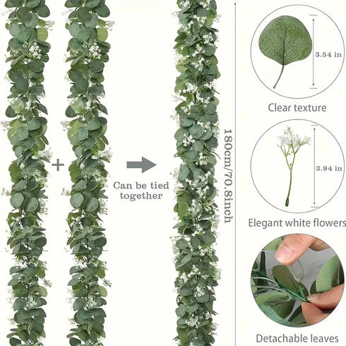 Lush 70.8" Faux Eucalyptus Garland with White Flowers