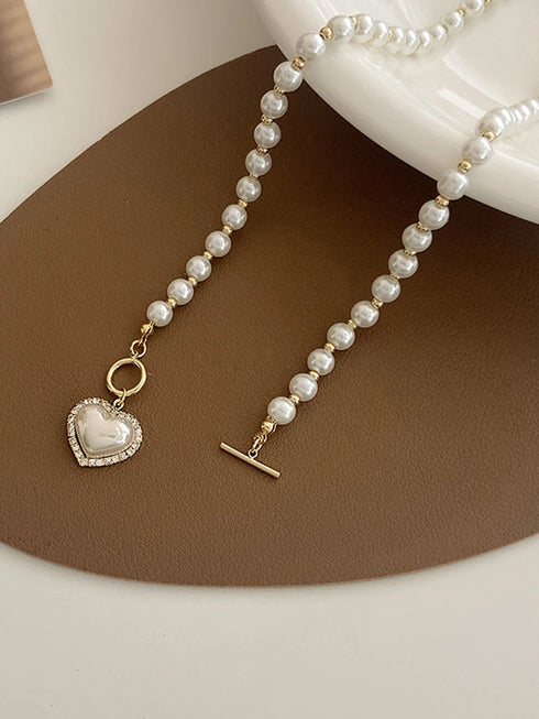 Elegant Pearl Heart Pendant Necklace – Luxury Korean Jewelry