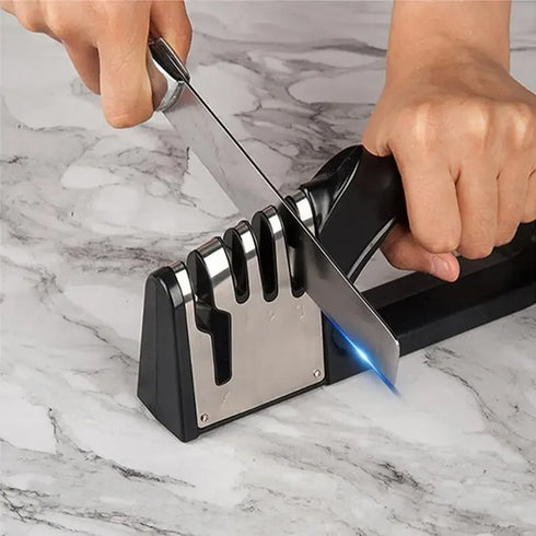 Close-up of the 4-segment knife sharpener with non-slip base, designed for home kitchen use and easy portability.