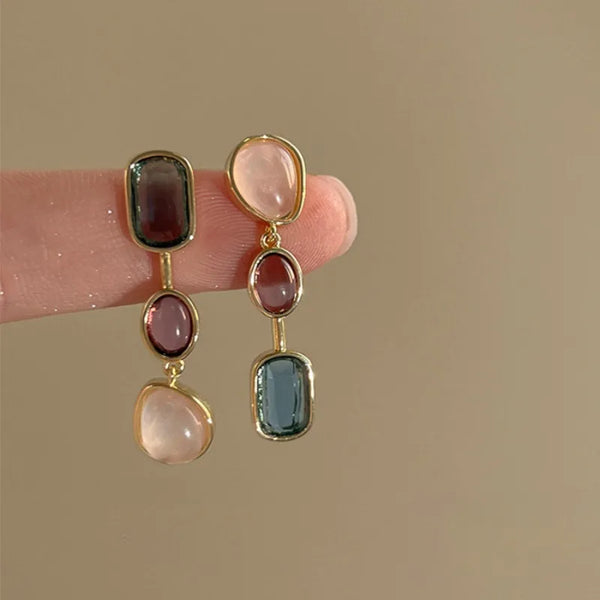 Asymmetric colorful resin earrings with geometric dangle design for women. Retro-inspired Korean jewelry.