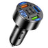 Sleek black car charger showcasing digital voltage readout and multiple USB charging ports.