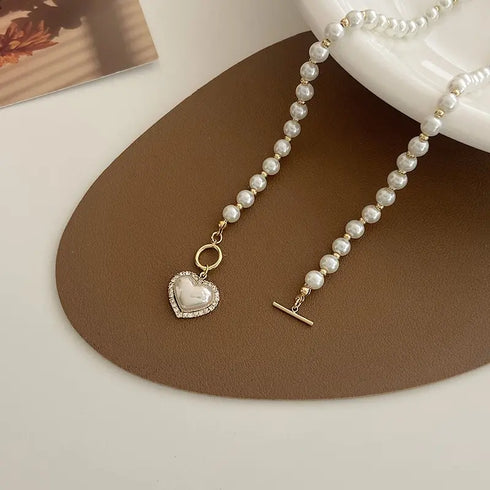 Elegant Pearl Heart Pendant Necklace – Luxury Korean Jewelry