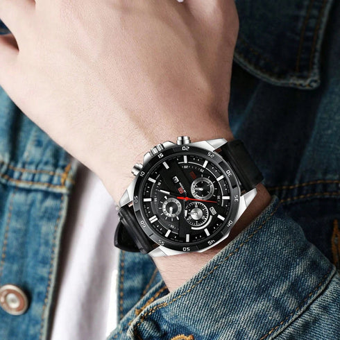 Men's Sports Style Quartz Watch – 46mm Leather Racing Design