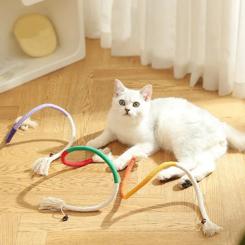 Silvervine-infused cotton rope toy for cats, combining dental benefits with interactive playtime elements.