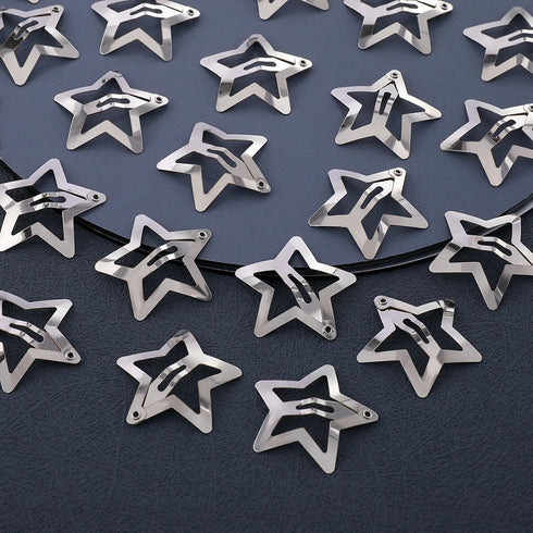 50PCS Y2K Silver Star Hair Clips – Filigree Metal Snap Clips