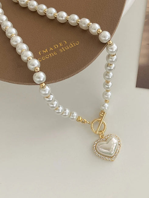 Elegant Pearl Heart Pendant Necklace – Luxury Korean Jewelry