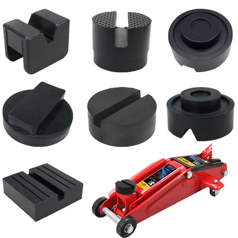 Black rubber jack pad with slotted design, compatible with most car lift stands to prevent frame rail damage.