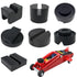 Black rubber jack pad with slotted design, compatible with most car lift stands to prevent frame rail damage.