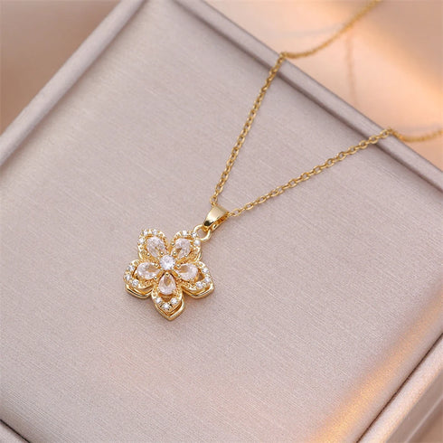 Romantic Zircon Flower Pendant Necklace – Gold Plated & Rotatable
