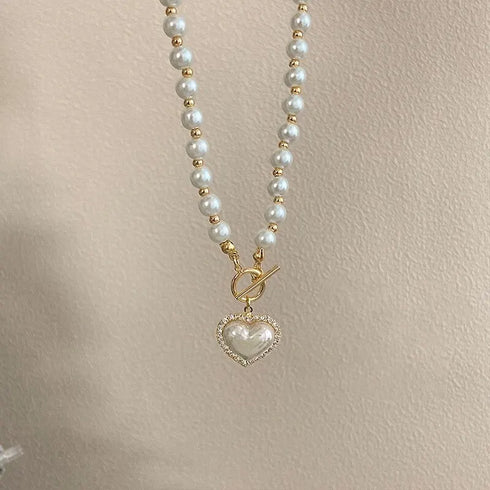 Elegant Pearl Heart Pendant Necklace – Luxury Korean Jewelry