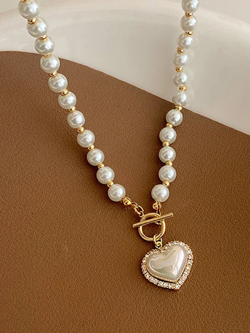 Elegant Pearl Heart Pendant Necklace – Luxury Korean Jewelry