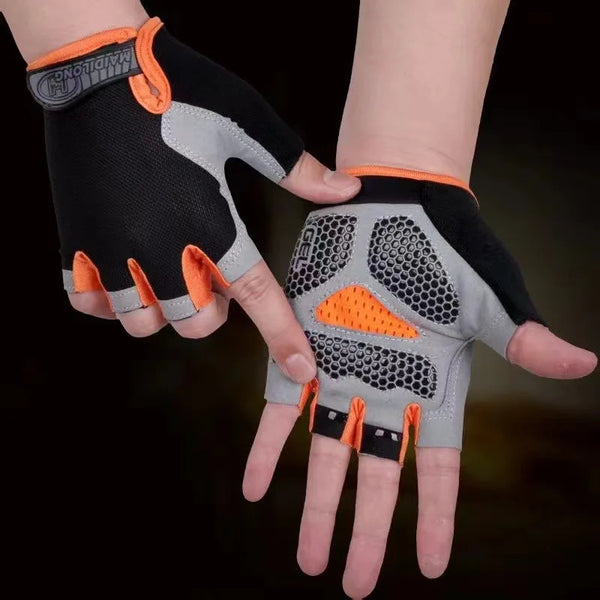Non-slip, breathable training gloves shown on hands gripping a dumbbell, designed for versatile indoor and outdoor use.
