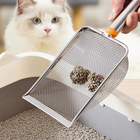 Stainless steel cat litter scoop with fine mesh sifting design.