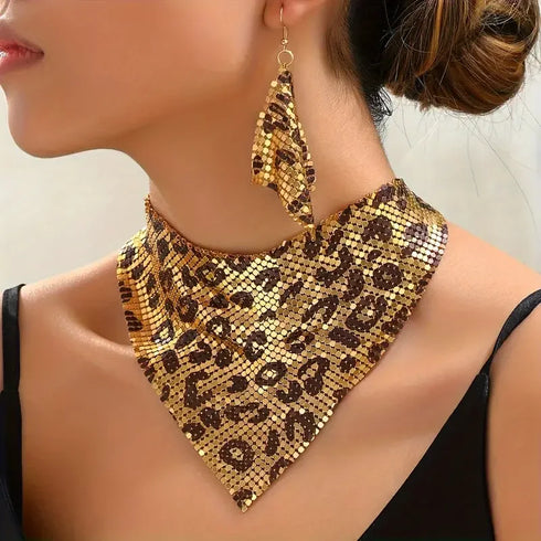 Elegant jewelry set featuring leopard print bib necklace and matching dangle earrings.
