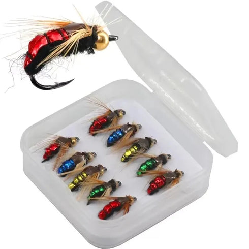 Artificial insect fishing bait, 5/10pcs pack, with brass bead head scud fly lures. Perfect for attracting trout and other fish with lifelike movement.
