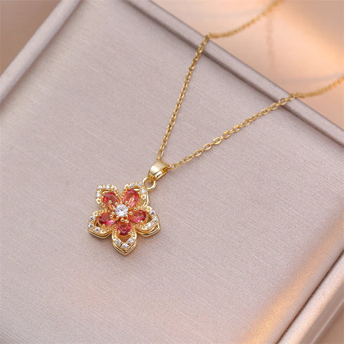 Romantic Zircon Flower Pendant Necklace – Gold Plated & Rotatable
